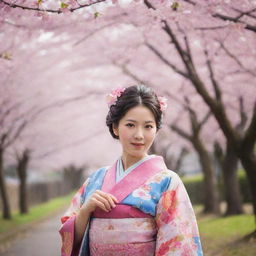 A traditional Japanese woman, elegantly dressed in a colourful kimono, standing beneath cherry blossom trees in spring.