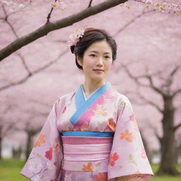 A traditional Japanese woman, elegantly dressed in a colourful kimono, standing beneath cherry blossom trees in spring.