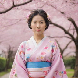 A traditional Japanese woman, elegantly dressed in a colourful kimono, standing beneath cherry blossom trees in spring.