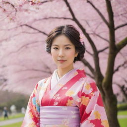 A traditional Japanese woman, elegantly dressed in a colourful kimono, standing beneath cherry blossom trees in spring.