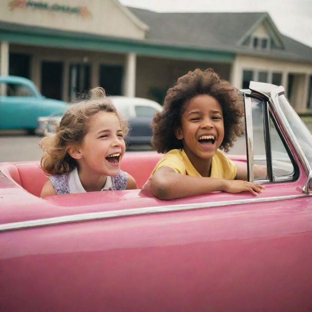 A young girl and boy sitting in a vibrant-colored vintage car, engaging in a friendly conversation with joy and excitement on their faces, seen from an outer perspective.