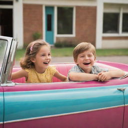 A young girl and boy sitting in a vibrant-colored vintage car, engaging in a friendly conversation with joy and excitement on their faces, seen from an outer perspective.