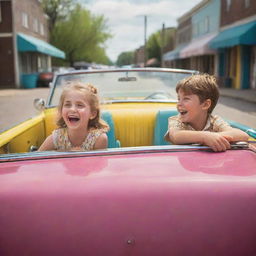 A young girl and boy sitting in a vibrant-colored vintage car, engaging in a friendly conversation with joy and excitement on their faces, seen from an outer perspective.