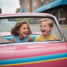 A young girl and boy sitting in a vibrant-colored vintage car, engaging in a friendly conversation with joy and excitement on their faces, seen from an outer perspective.