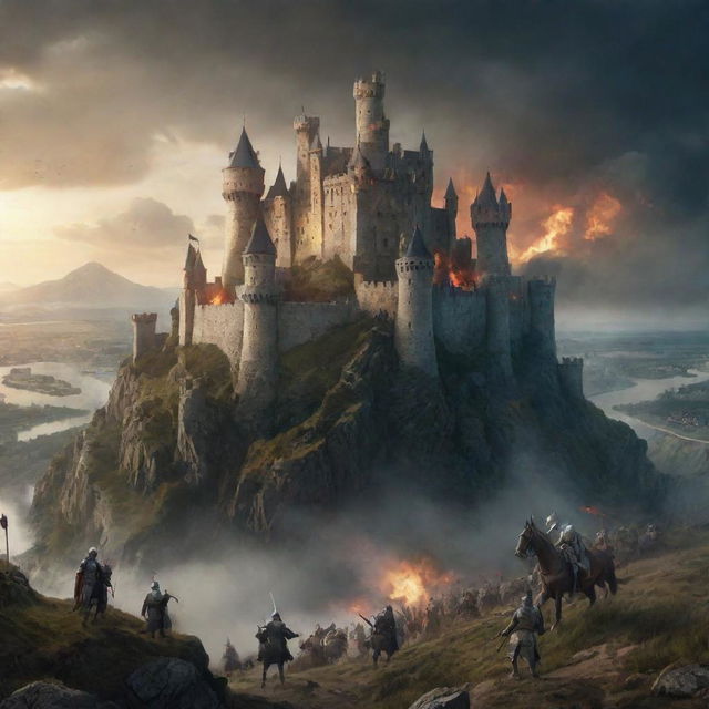 Imagine a landscape engulfed in a furious battle from a fantasy world. There are medieval knights, mythical beasts, and magic illuminating the sky as castles in the backdrop lie besieged.