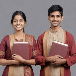 Realistic image of Indian students, both male and female, wearing traditional Indian garb and holding academic books in their hands.