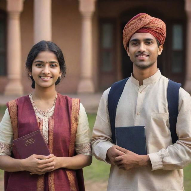 Realistic image of Indian students, both male and female, wearing traditional Indian garb and holding academic books in their hands.