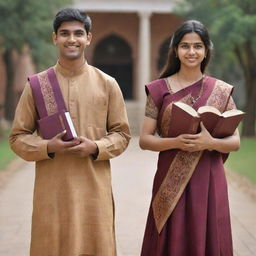 Realistic image of Indian students, both male and female, wearing traditional Indian garb and holding academic books in their hands.