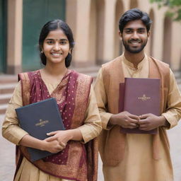 Realistic image of Indian students, both male and female, wearing traditional Indian garb and holding academic books in their hands.