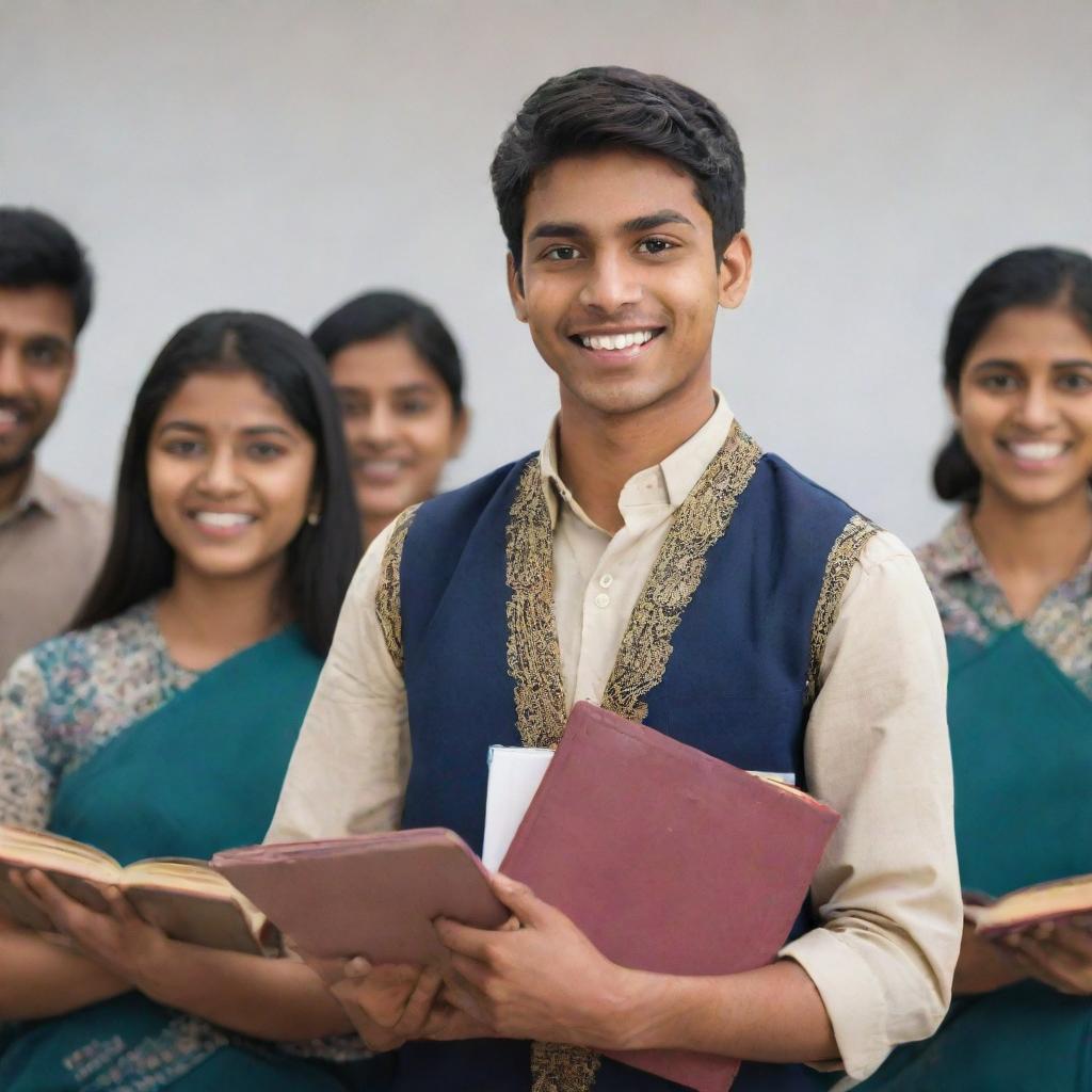 Realistic image of multiple Indian students, both male and female, in traditional dress, holding books and smiling, scattered across a classroom setting.