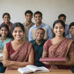 Realistic image of multiple Indian students, both male and female, in traditional dress, holding books and smiling, scattered across a classroom setting.