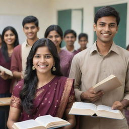 Realistic image of multiple Indian students, both male and female, in traditional dress, holding books and smiling, scattered across a classroom setting.