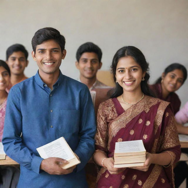 Realistic image of multiple Indian students, both male and female, in traditional dress, holding books and smiling, scattered across a classroom setting.