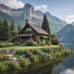 A quaint cottage adorned with overgrown plants, nestled near a serene lake with a majestic mountain looming in the background.