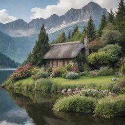 A quaint cottage adorned with overgrown plants, nestled near a serene lake with a majestic mountain looming in the background.