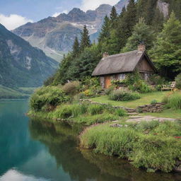 A quaint cottage adorned with overgrown plants, nestled near a serene lake with a majestic mountain looming in the background.