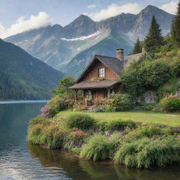 A quaint cottage adorned with overgrown plants, nestled near a serene lake with a majestic mountain looming in the background.