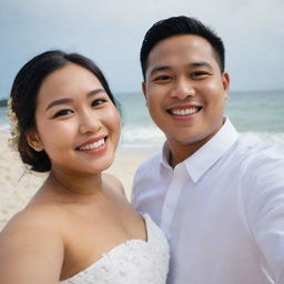 A Pixar-style image of a 24-year-old, joyfully plump Indonesian bride, named Yenni, smiling and taking a selfie with her partner Yusri, on a beautiful beach. Make sure to capture their happiness and the serene beach environment.