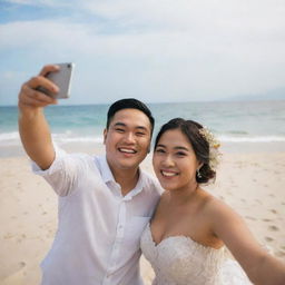 A Pixar-style image of a 24-year-old, joyfully plump Indonesian bride, named Yenni, smiling and taking a selfie with her partner Yusri, on a beautiful beach. Make sure to capture their happiness and the serene beach environment.