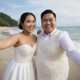 A Pixar-style image of a 24-year-old, joyfully plump Indonesian bride, named Yenni, smiling and taking a selfie with her partner Yusri, on a beautiful beach. Make sure to capture their happiness and the serene beach environment.