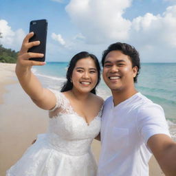 A Pixar-style image of a 24-year-old, joyfully plump Indonesian bride, named Yenni, smiling and taking a selfie with her partner Yusri, on a beautiful beach. Make sure to capture their happiness and the serene beach environment.