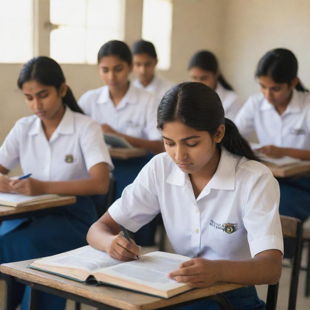 A realistic image of multiple Indian high school students, both male and female, wearing uniforms or casual attire, each holding books and studying in a well-lit classroom.