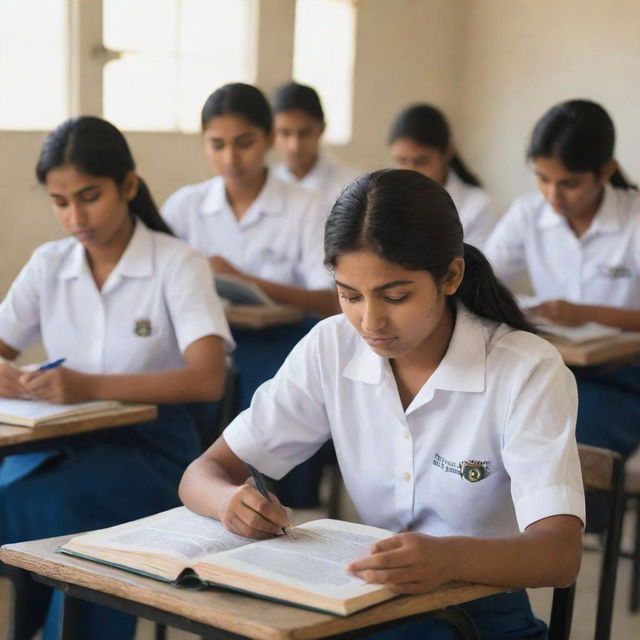 A realistic image of multiple Indian high school students, both male and female, wearing uniforms or casual attire, each holding books and studying in a well-lit classroom.