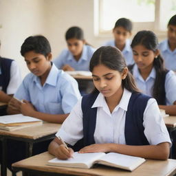 A realistic image of multiple Indian high school students, both male and female, wearing uniforms or casual attire, each holding books and studying in a well-lit classroom.