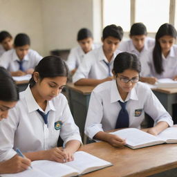 A realistic image of multiple Indian high school students, both male and female, wearing uniforms or casual attire, each holding books and studying in a well-lit classroom.