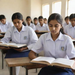 A realistic image of multiple Indian high school students, both male and female, wearing uniforms or casual attire, each holding books and studying in a well-lit classroom.