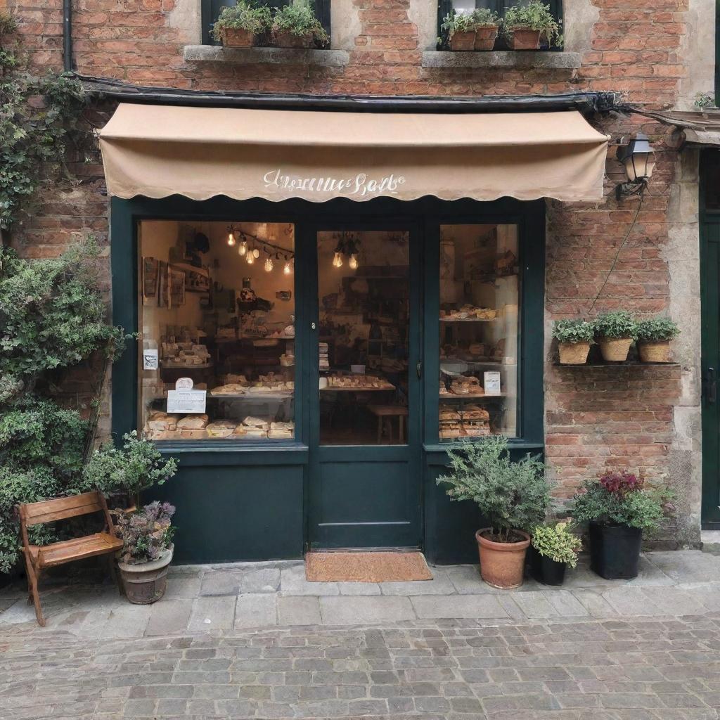 A quaint, aesthetic bakery located on a cobblestone street with a retro, rustic look. To the side, there should be an outdoor café seating decorated with string lights and plants.