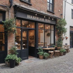 A quaint, aesthetic bakery located on a cobblestone street with a retro, rustic look. To the side, there should be an outdoor café seating decorated with string lights and plants.