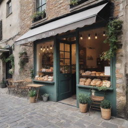 A quaint, aesthetic bakery located on a cobblestone street with a retro, rustic look. To the side, there should be an outdoor café seating decorated with string lights and plants.