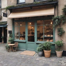 A quaint, aesthetic bakery located on a cobblestone street with a retro, rustic look. To the side, there should be an outdoor café seating decorated with string lights and plants.