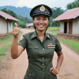 A beautiful Babinsa (Indonesian Village Supervisory Non-commissioned Officer) cheerfully giving a thumbs-up