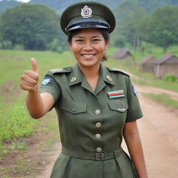 A beautiful Babinsa (Indonesian Village Supervisory Non-commissioned Officer) cheerfully giving a thumbs-up