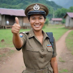 A beautiful Babinsa (Indonesian Village Supervisory Non-commissioned Officer) cheerfully giving a thumbs-up