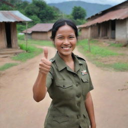 A beautiful Babinsa (Indonesian Village Supervisory Non-commissioned Officer) cheerfully giving a thumbs-up