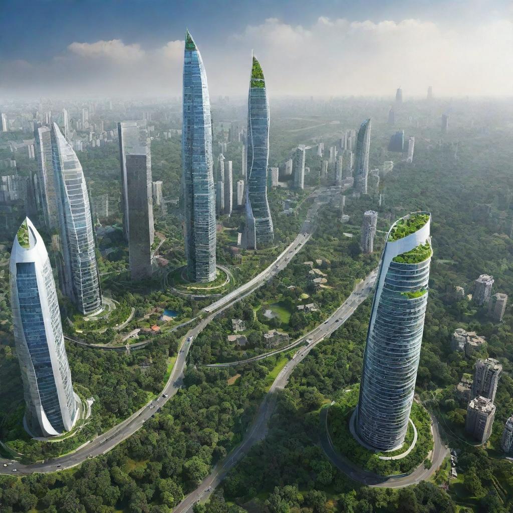 Futuristic cityscape of India in 2050 with advanced technology, flourishing greenery, sky-tall buildings, and miscellaneous use of renewable energy