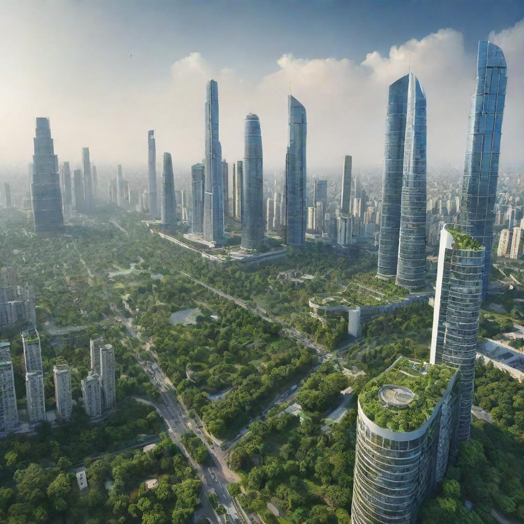 Futuristic cityscape of India in 2050 with advanced technology, flourishing greenery, sky-tall buildings, and miscellaneous use of renewable energy