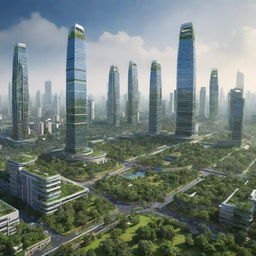 Futuristic cityscape of India in 2050 with advanced technology, flourishing greenery, sky-tall buildings, and miscellaneous use of renewable energy