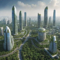 Futuristic cityscape of India in 2050 with advanced technology, flourishing greenery, sky-tall buildings, and miscellaneous use of renewable energy