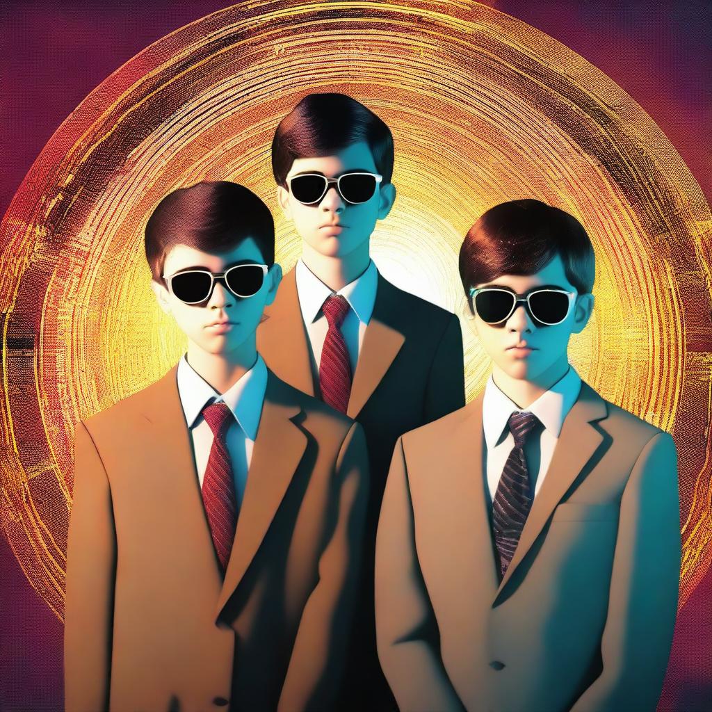 A digital art image of three teenage boys in front of a time portal, with a large face of a man in a business suit and sunglasses in the background