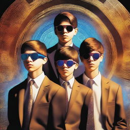 A digital art image of three teenage boys in front of a time portal, with a large face of a man in a business suit and sunglasses in the background