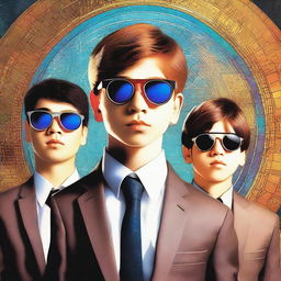 A digital art image of three teenage boys in front of a time portal, with a large face of a man in a business suit and sunglasses in the background