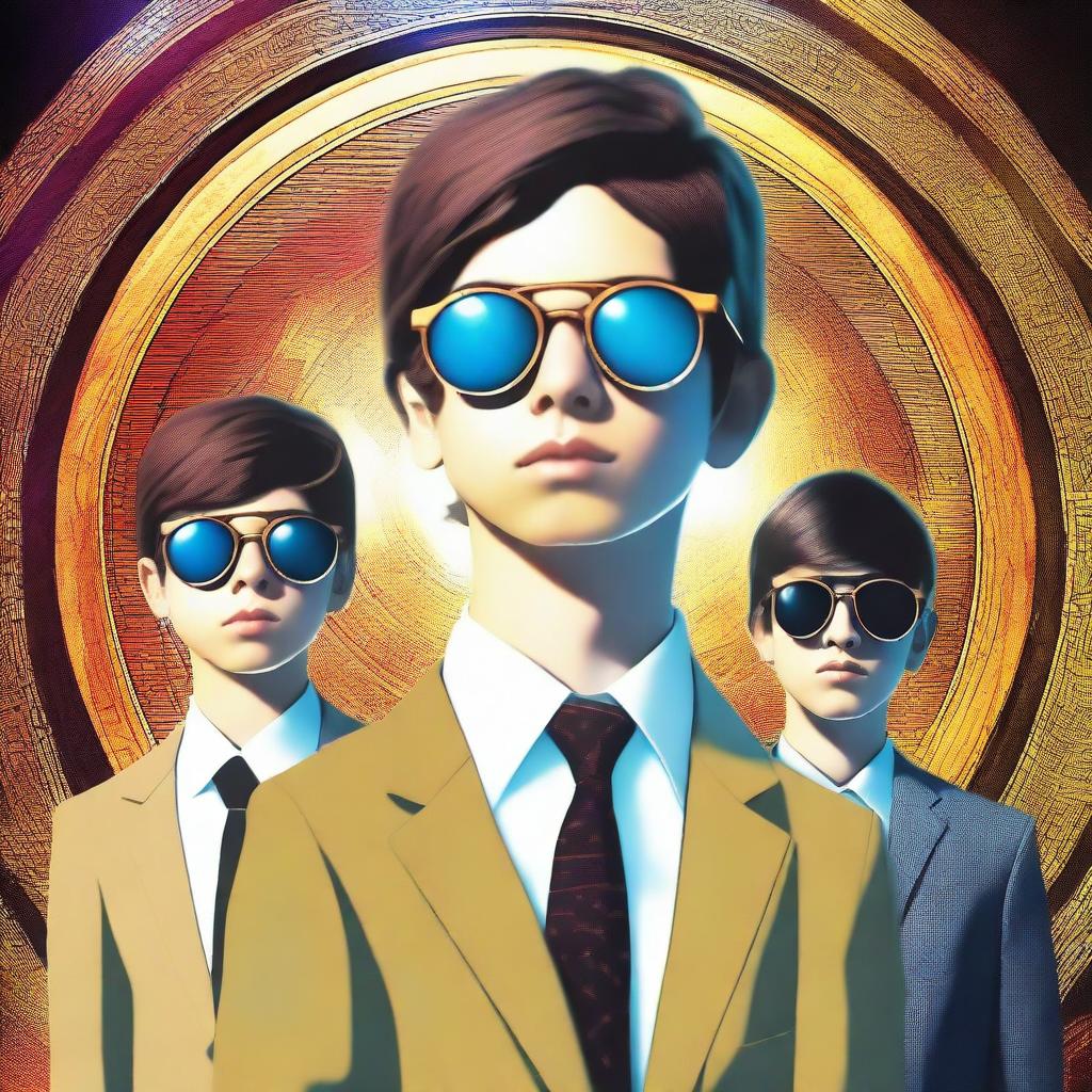 A digital art image of three teenage boys in front of a time portal, with a large face of a man in a business suit and sunglasses in the background