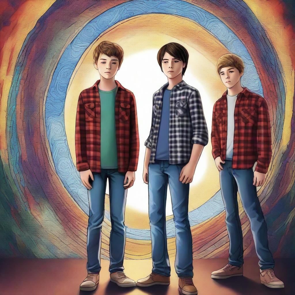 This is a high-quality digital art image, showcasing three teenage boys in jeans and flannel shirts standing in front of a time portal