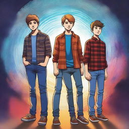 This is a high-quality digital art image, showcasing three teenage boys in jeans and flannel shirts standing in front of a time portal