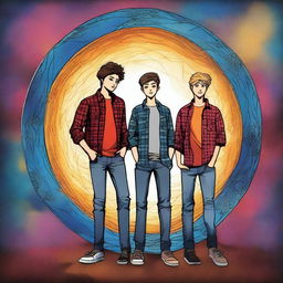 This is a high-quality digital art image, showcasing three teenage boys in jeans and flannel shirts standing in front of a time portal