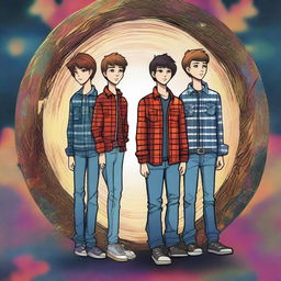 This is a high-quality digital art image, showcasing three teenage boys in jeans and flannel shirts standing in front of a time portal